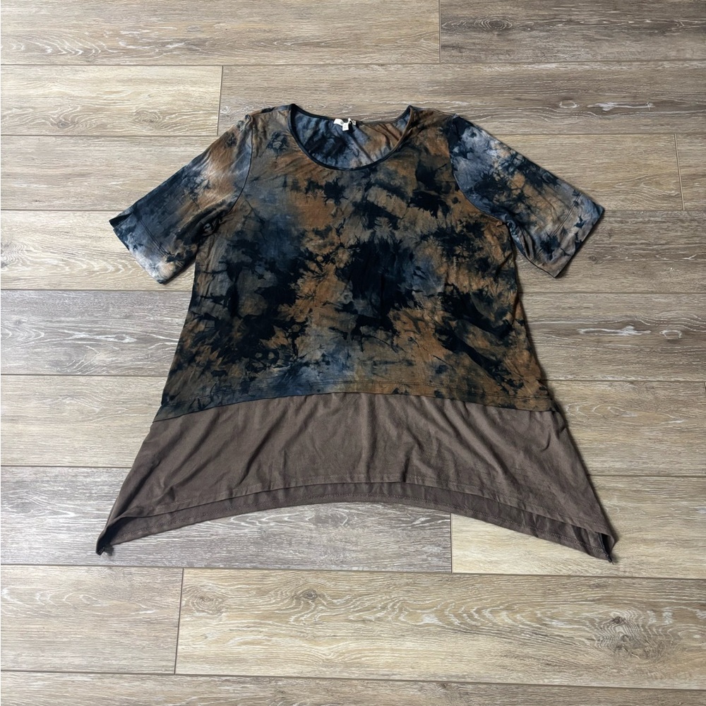 Ava James Top Sz XL Tie Dye Tunic Tiered Shirt Faux Suede Trim Hippie Boho